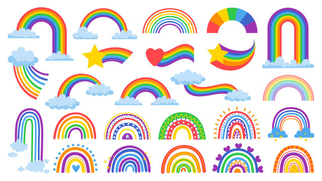 Cartoon rainbow. Cute heaven arc, cloud, star and heart with rainbow tail. Magic color stripes hand drawn vector illustration set. Bright childish colorful stickers isolated on white