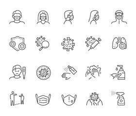 Coronavirus Covid 19 protection line icons set isolated. Quality symbol elements for all health medicine and pandemic media design. 