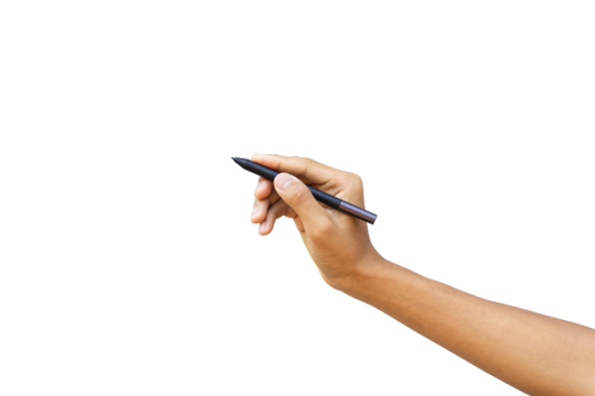 The businessman's hand holds a pen, clipping path