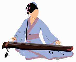 Illustration of a women playing guqin musical instrument.
