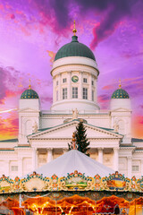 Helsinki, Finland. Xmas Market On Senate Square With Holiday Carousel And Famous Landmark Is Lutheran Cathedral At Winter Evening. Very Peri. Bright Purple Lavander Colors Of Sky. Amazing Sky Clouds.