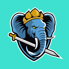 Fototapeta premium Vector of elephant mascot with sword and crown inside shield logo design for badge, emblem, or t shirt printing