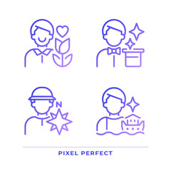 Male archetypes pixel perfect gradient linear vector icons set. Personality traits. Psychoanalysis. Lover, magician. Thin line contour symbol designs bundle. Isolated outline illustrations collection