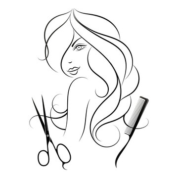 recommend clip art: Silhouette of a cute girl with curls of hair, scissors and a comb. Unique design for beauty salon and stylist