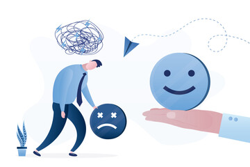 Help with mental problems, frustration and stress. Doctor psychotherapist give good emotions. Motivation, positive thinking. Mental health, burnout businessman. Medical checkup.