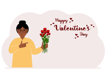 A happy woman holds a bouquet of flowers in his hand. Next to the text Happy Valentine's Day. Concept for postcard, congratulations, banner or poster.