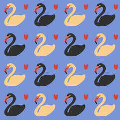 Vector seamless pattern with light and dark flamingos and red hearts of blue background.