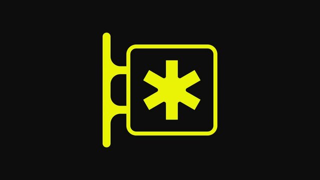 Yellow Medical symbol of the Emergency - Star of Life icon isolated on black background. 4K Video motion graphic animation