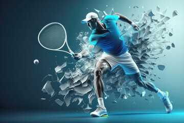 Naklejka na ściany i meble Realistic of a tennis player on blue background. Tennis player man with racket hits the ball. 3d illustration (ai generated)