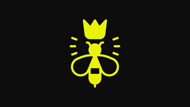 Yellow Queen bee icon isolated on black background. Sweet natural food. Honeybee or apis with wings symbol. Flying insect. 4K Video motion graphic animation