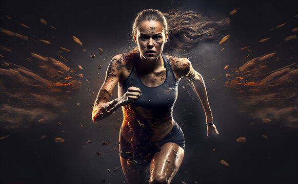 Intense and challenging nature of athletic competition, with a female athlete giving it her all. Perfect for Women's History Month themes. Created with generative AI technology. 