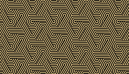 Abstract geometric pattern with stripes, lines. Seamless vector background. Gold and black ornament. Simple lattice graphic design