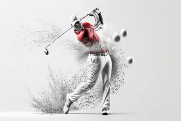 Schilderijen op glas Realistic of a golf player on white background. Golfer man hits the ball. 3d illustration (ai generated) © ImagineDesign