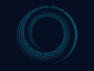 Vector abstract circle frame with wavy rounded lines pattern flowing in blue green colors isolated on black background for concept of music, technology, ai