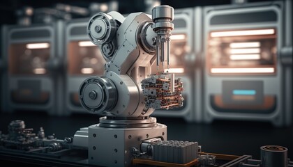 Naklejka na ściany i meble Robotizing the workforce. Automated systems in a factory setting | generative AI 