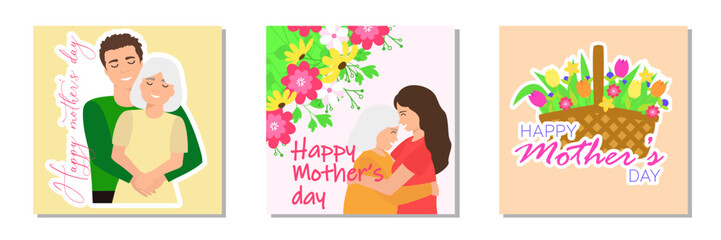 Set of greeting card for Happy Mother's Day. Mother with child. Bouquet of flowers. Vector illustration.