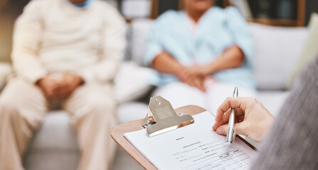 Survey, old couple or doctor with a checklist for health insurance information on a medical...