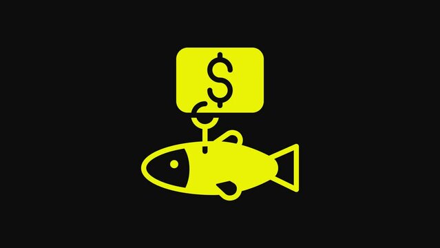 Yellow Price tag for fish icon isolated on black background. 4K Video motion graphic animation