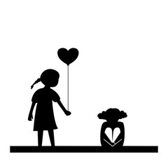 Silhouette of a child shares a heart shaped balloon with a other child sitting alone.