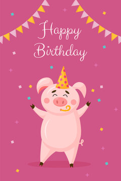Vector greeting birthday card template. Happy cute pig with colour flags with birthday hat on pink background. Celebration illustration.