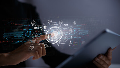 AI technology on mobile devices with various features. Female hand touching AI brain icon on virtual screen via tablet screen.