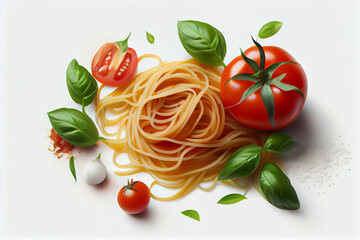 Spaghetti pasta, tomato, basil isolated on white background, top-down view, generative ai