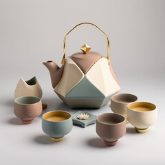 Teapot and cups on the table