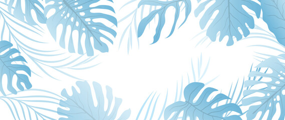 Fototapeta na wymiar Tropical leaves wallpaper background vector. Natural monstera and palm leaves, foliage pattern design in minimalist gradient blue color style. Design for fabric, print, cover, banner, decoration.