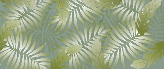 Tropical leaves wallpaper background vector. Luxury natural jungle palm leaves, elegant foliage design in minimalist gradient green color style. Design for fabric, print, cover, banner, decoration.