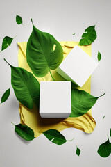 Creative layout made of eco green leaves splash and empty white box, cosmetic products, mockup on texture background with copy space, Nature spring concept,  AI generative