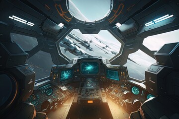 View from futuristic spaceship cockpit interior. Future spacecraft control room panels technology, space travel concept. Generative AI