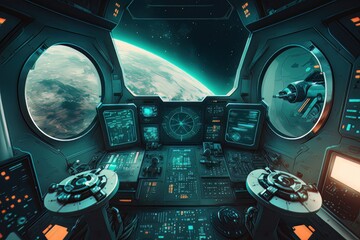 View from futuristic spaceship cockpit interior. Future spacecraft control room panels technology, space travel concept. Generative AI - obrazy, fototapety, plakaty