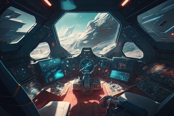 Naklejka premium View from futuristic spaceship cockpit interior. Future spacecraft control room panels technology, space travel concept. Generative AI