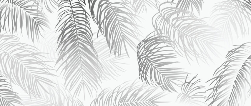Tropical leaves background vector. Luxury natural jungle palm leaves, elegant foliage design in minimalist gradient grey color style. Design for fabric, print, cover, banner, decoration, wallpaper.