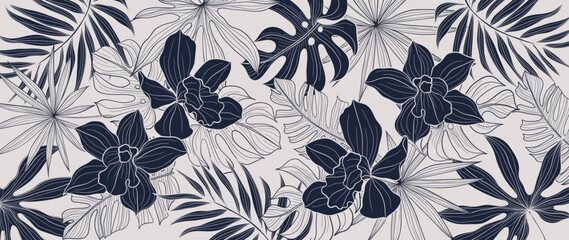 Tropical leaf line art background vector. Natural monstera palm leaves and orchid flower pattern design in minimal linear contour style. Design for fabric, print, cover, banner, decoration, wallpaper. © TWINS DESIGN STUDIO