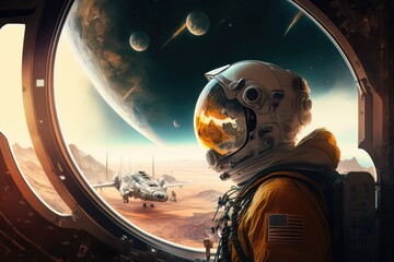 Astronaut discover the new planet, explores unknown distant planet. Futuristic concept. Generative AI