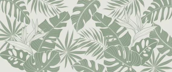 Fototapeten Tropical leaves background vector. Natural jungle monstera palm leaves design in minimal pale green color with contour line art style. Design for fabric, print, cover, banner, decoration, wallpaper. © TWINS DESIGN STUDIO