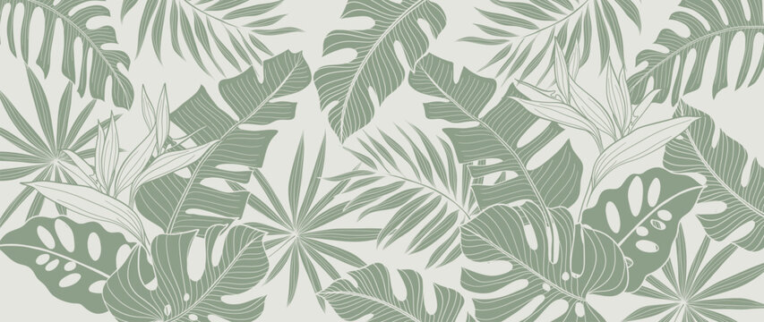Fototapeta Tropical leaves background vector. Natural jungle monstera palm leaves design in minimal pale green color with contour line art style. Design for fabric, print, cover, banner, decoration, wallpaper.
