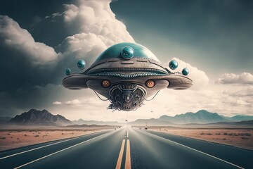 Fototapeta na wymiar UFO, Alien, Monster, invade on the world/ planet/ road. Generative AI