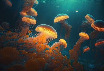 Fototapeta na wymiar jellyfish in the sea created with Generative AI technology