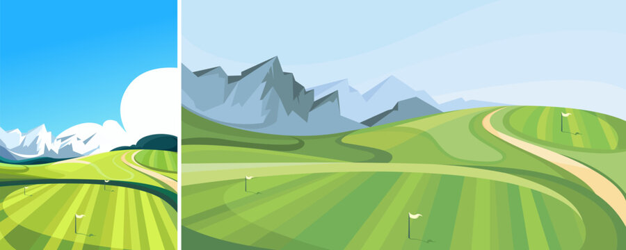 Golf course with mountains in the background. Outdoor sport location in different formats.