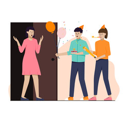 Obraz premium Illustration Character man and woman carrying birthday cake to prize friend