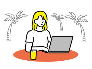 ワーケーションをする女性のイラスト