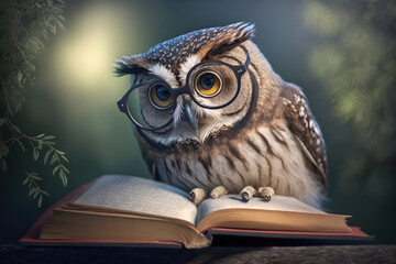 a owl with glasses reading a book with a bookmark in its paws and reading glasses on its head