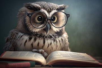 a owl with glasses reading a book with a bookmark in its paws and reading glasses on its head