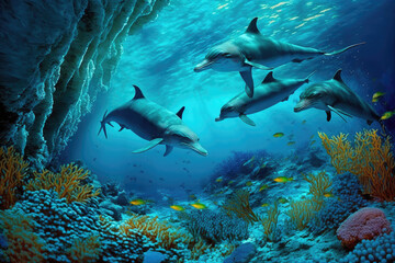 Fototapeta na wymiar Dolphins and a reef undersea environment, generative AI.