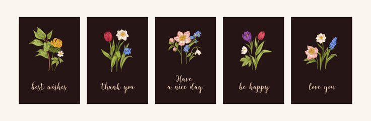 Floral cards with blossomed wild flowers set. Spring postcards designs with field, meadow plants. Botanical vertical backgrounds with blooms in vintage retro style. Botany drawn vector illustrations