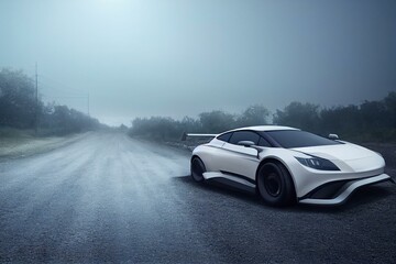 Obraz na płótnie Canvas White car is parked on empty countryside asphalt road at daytime. Generative AI