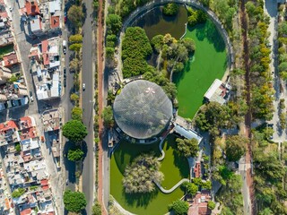 Aerial view of Park Ecologico Revolucion Mexicana in Puebla city in Mexico. A large artificial biosphere for various species of birds and animals.