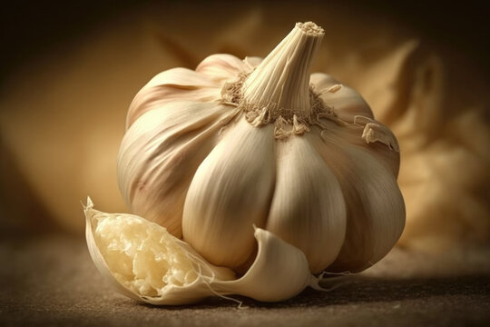 Premium Close up view of Garlic. Vegan themed, healthy food concept. Generative AI.